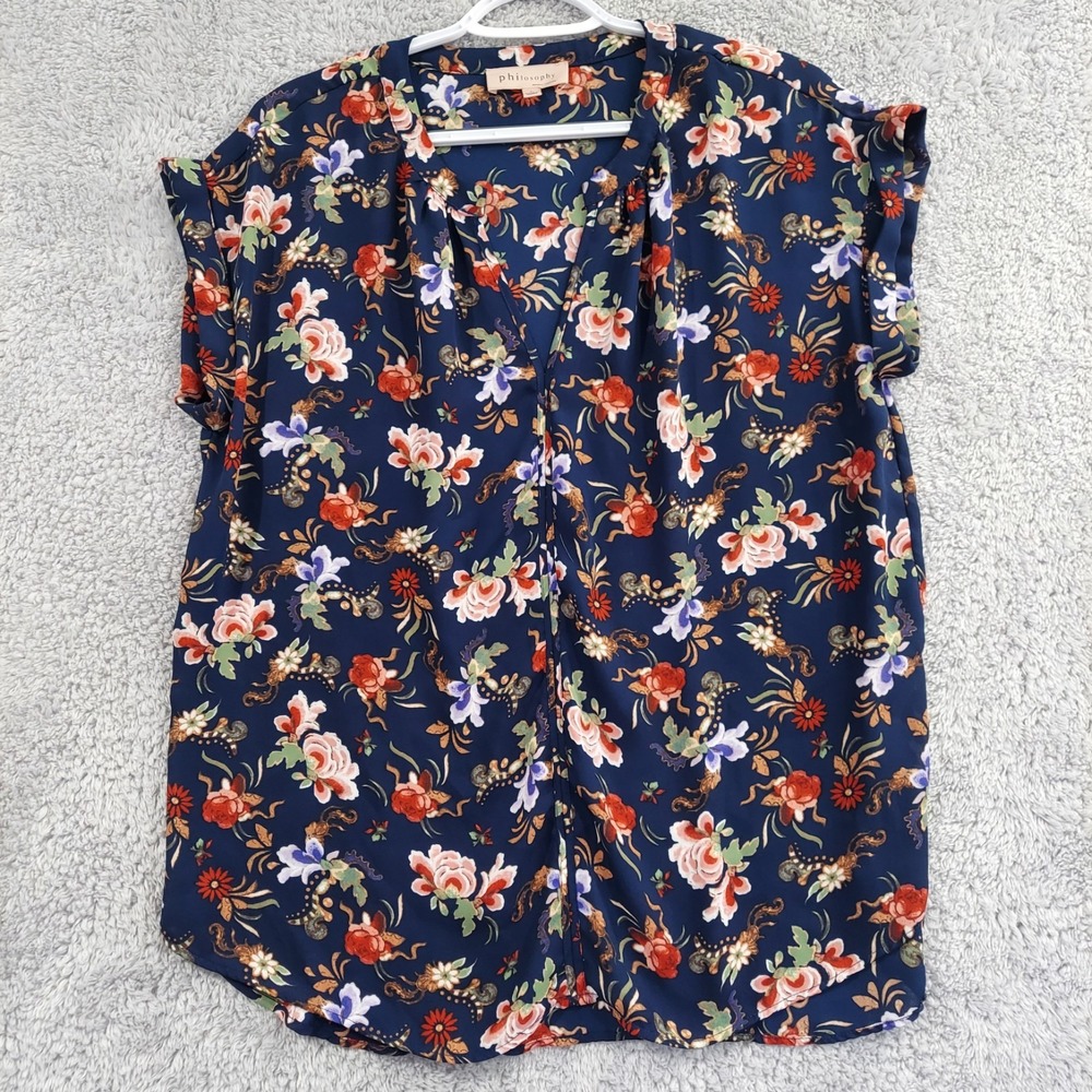 Philosophy Blouse Navy Blue Floral Cap Sleeve V-neck‎ Top Large Lightweight
